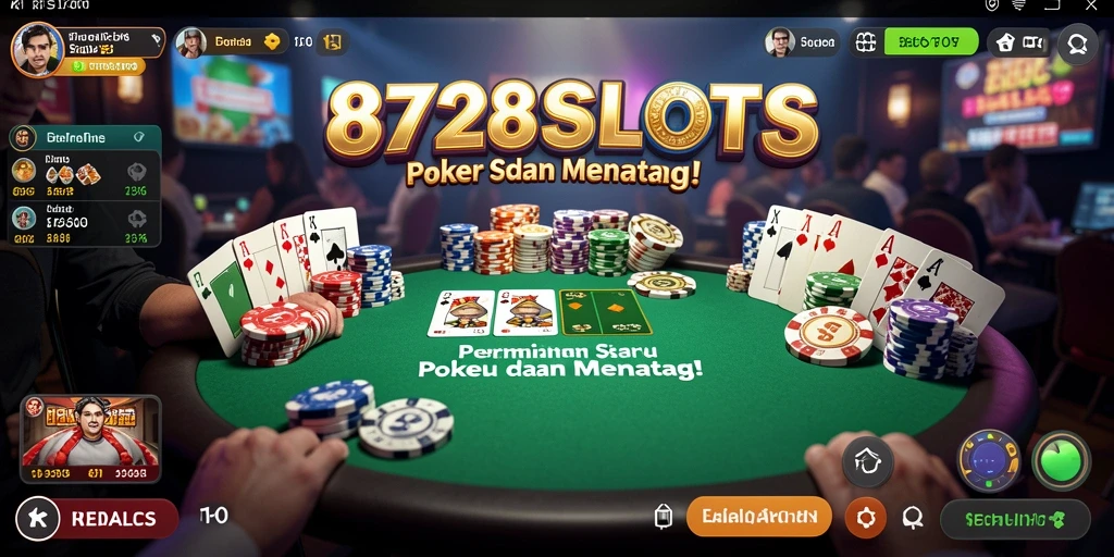 Tampilan gameplay seru dari 8728SLOTS dengan elemen Poker yang menarik.
