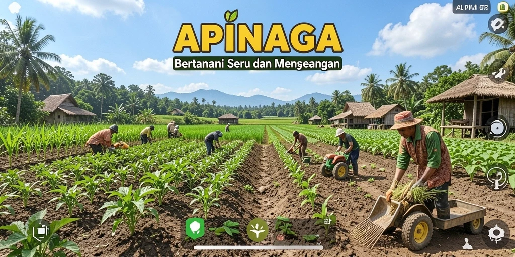Screenshot permainan APINAGA menunjukkan kebun yang rimbun dan hewan ternak.