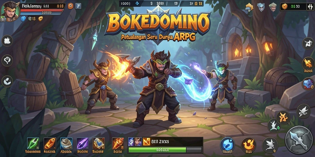 Tangkapan layar utama BOKEDOMINO menampilkan aksi pertarungan yang menegangkan di arena ARPG.