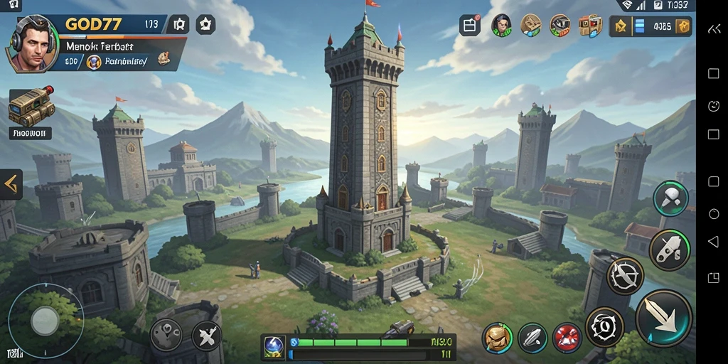 Tampilan gameplay GOD77 dengan menara yang berfungsi melawan gelombang musuh.