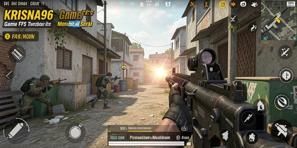 Tangkapan layar utama KRISNA96 menampilkan aksi gameplay FPS mendebarkan.