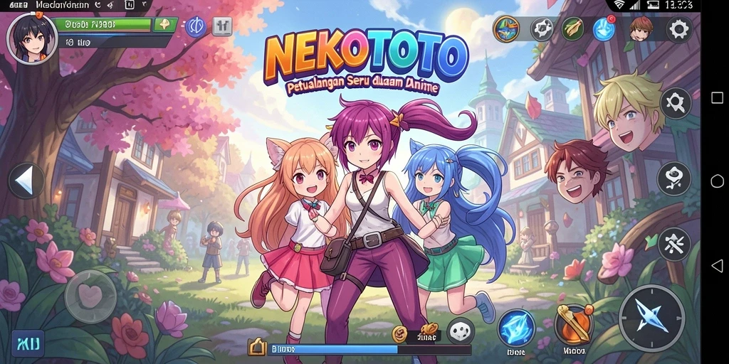 Tampilan gameplay mengasyikkan dari NEKOTOTO dengan karakter anime menawan.