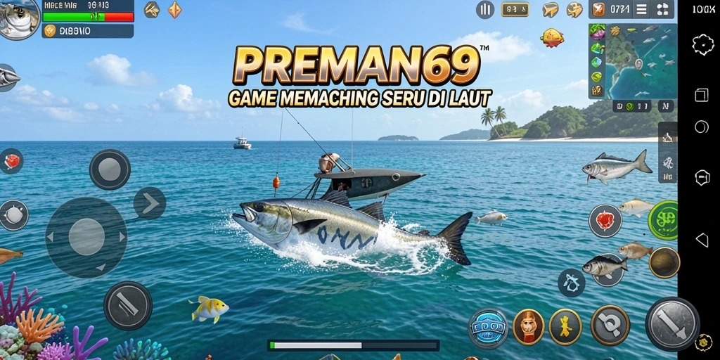 Screenshot gameplay PREMAN69 menampilkan keseruan memancing di laut.