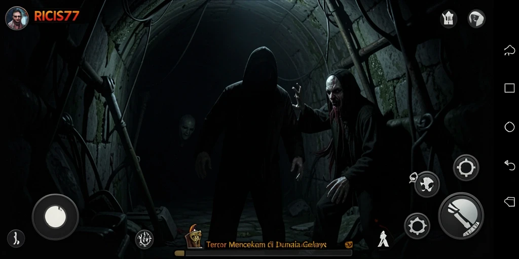 Tangkapan layar RICIS77 menunjukkan gameplay menakutkan dan atmosfer gelap.